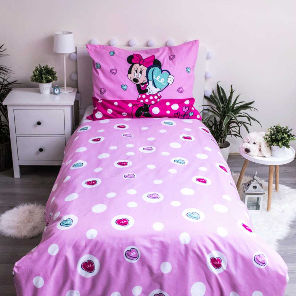 Patalynė bawełniana 140x200 Myszka Mini Minnie Mouse 8094 serce rožinė grochy kwiaty poszewka 70x90 dziecięca