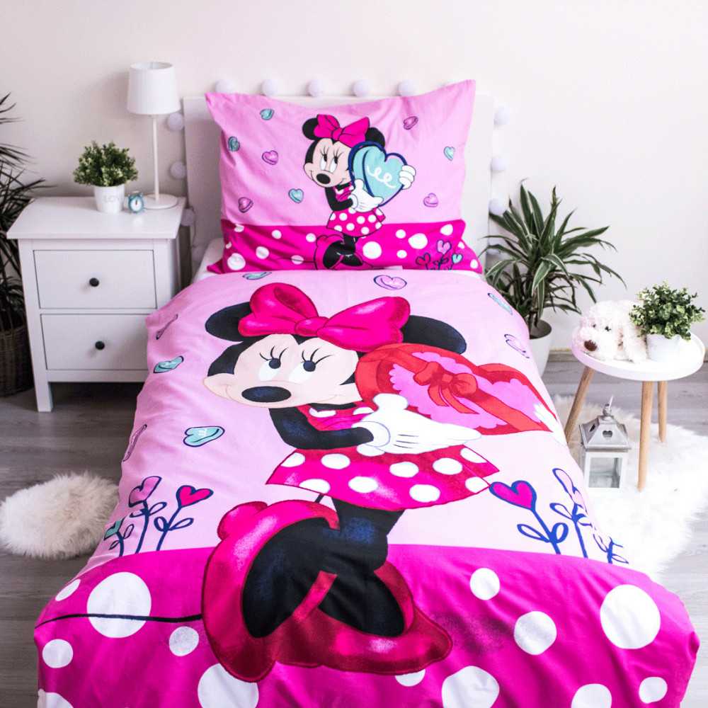 Patalynė bawełniana 140x200 Myszka Mini Minnie Mouse 8094 serce rožinė grochy kwiaty poszewka 70x90 dziecięca