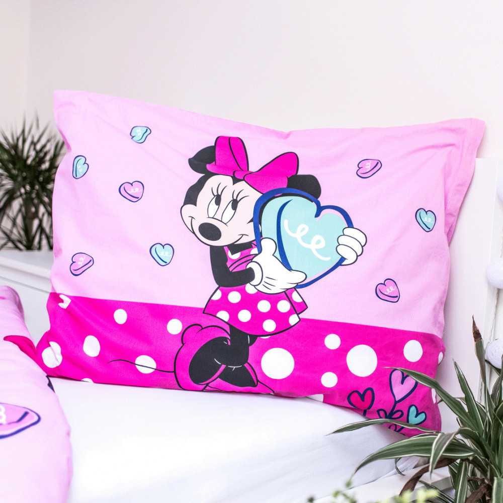 Patalynė bawełniana 140x200 Myszka Mini Minnie Mouse 8094 serce rožinė grochy kwiaty poszewka 70x90 dziecięca
