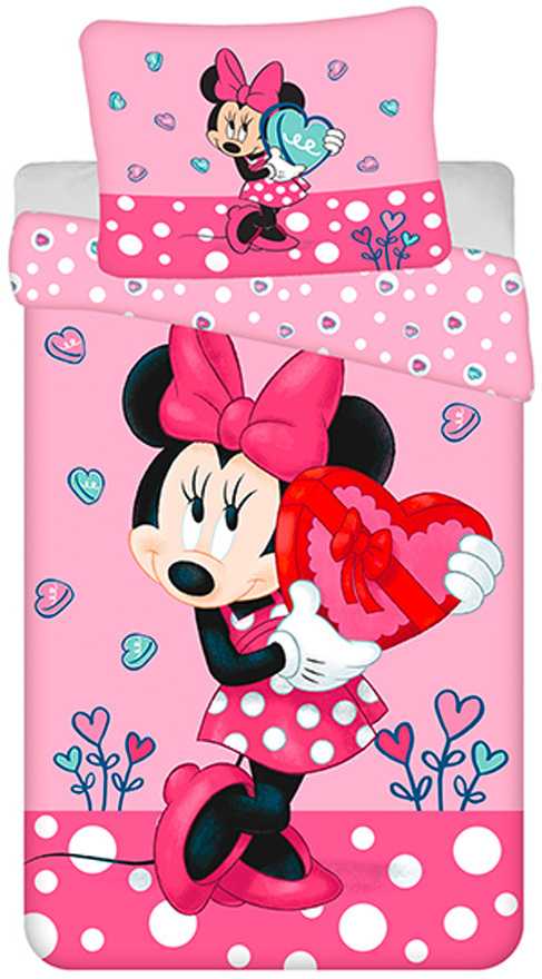 Patalynė bawełniana 140x200 Myszka Mini Minnie Mouse 8094 serce rožinė grochy kwiaty poszewka 70x90 dziecięca