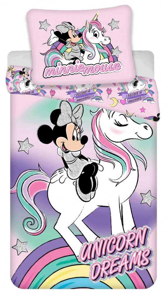 Patalynė bawełniana 140x200 Myszka Mini Vienaragis 9718 Minnie Mouse rožinė unicorn poszewka 70x90 dziecięca