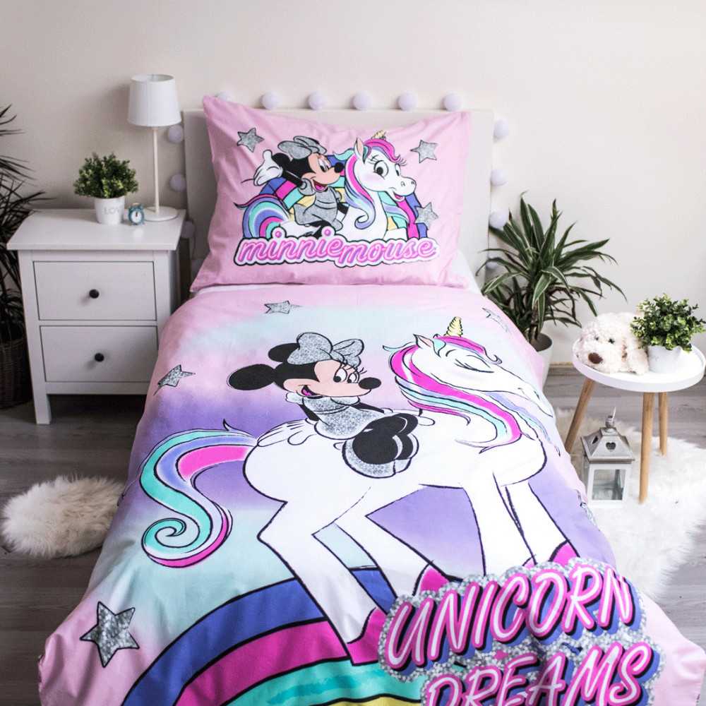 Patalynė bawełniana 140x200 Myszka Mini Vienaragis 9718 Minnie Mouse rožinė unicorn poszewka 70x90 dziecięca
