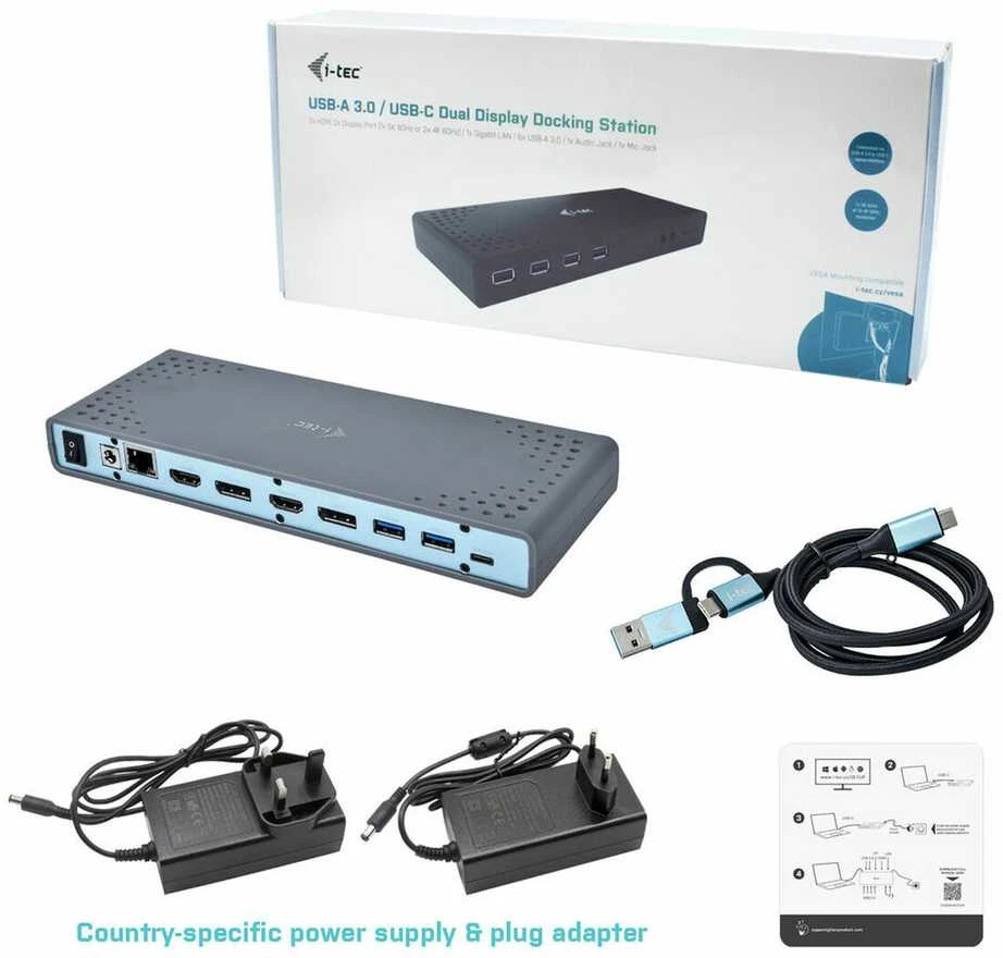 I-TEC USB 3.0 / USB-C Dualdock 1x 5K 2x 4K 60Hz 2x HDMI 2x DP 1x GLAN 6x USB 3.0 1x Audio / Mic Jack Kensington, suderinamas su TB 3