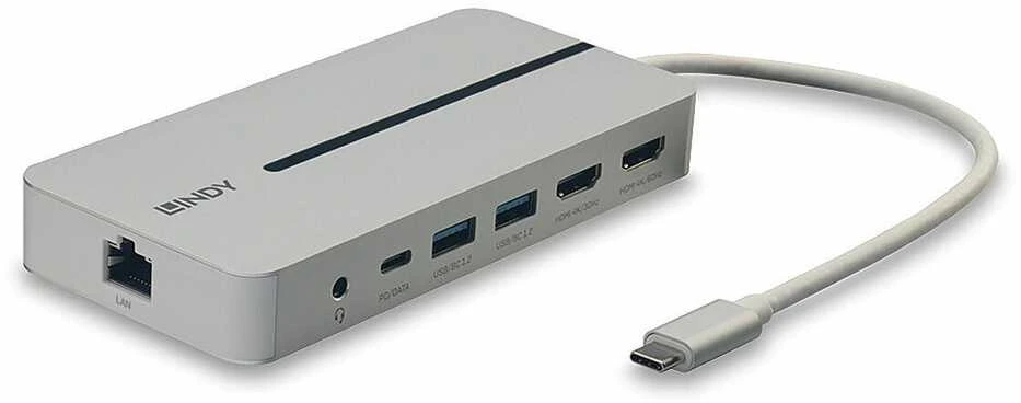 USB-C Dokavimo Stotis - LINDY DST-Mx Duo, USB-C Nešiojamojo Kompiuterio/MacBook Mini Dokų Stotis, PD 3.0 100W, USB 3.2 Gen 1, Gigabit Ethernet, Audio, Baltas