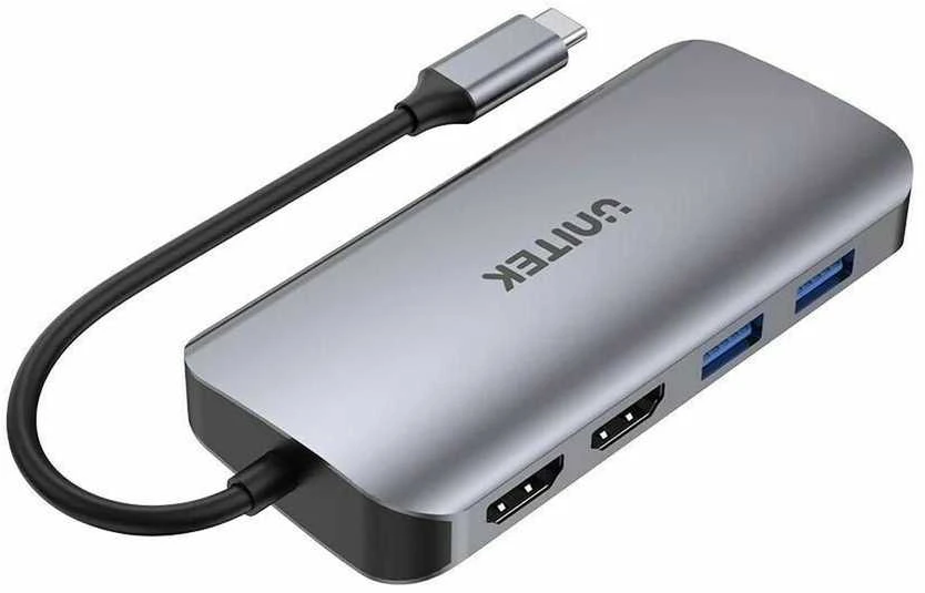 USB-C šakotuvas - UNITEK 2X HDMI 4K, RJ45, PD 100W Pilkas