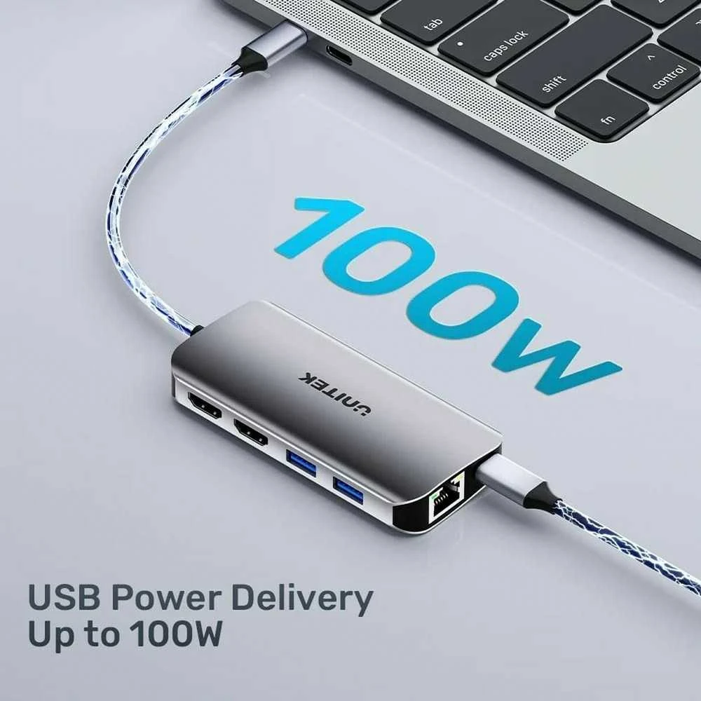 USB-C šakotuvas - UNITEK 2X HDMI 4K, RJ45, PD 100W Pilkas
