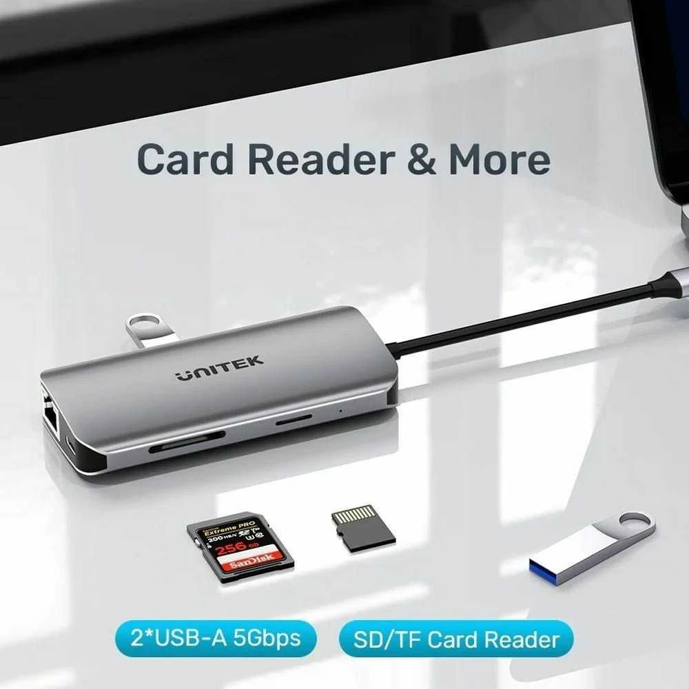 USB-C šakotuvas - UNITEK 2X HDMI 4K, RJ45, PD 100W Pilkas