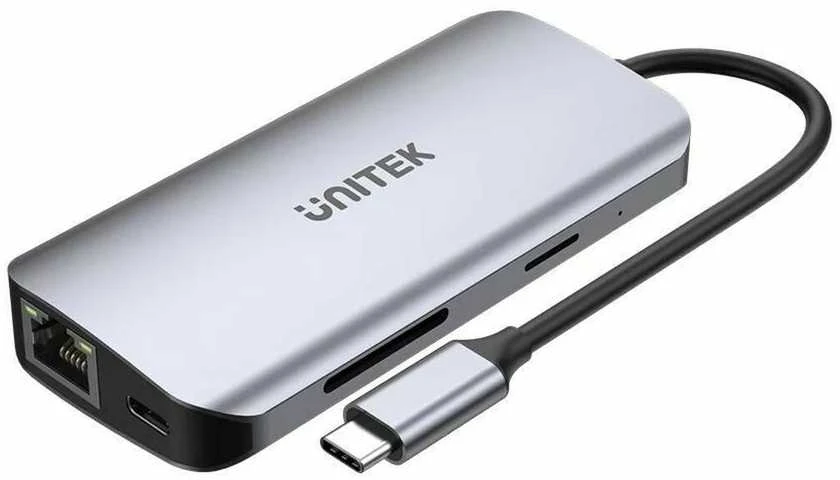 USB-C šakotuvas - UNITEK 2X HDMI 4K, RJ45, PD 100W Pilkas
