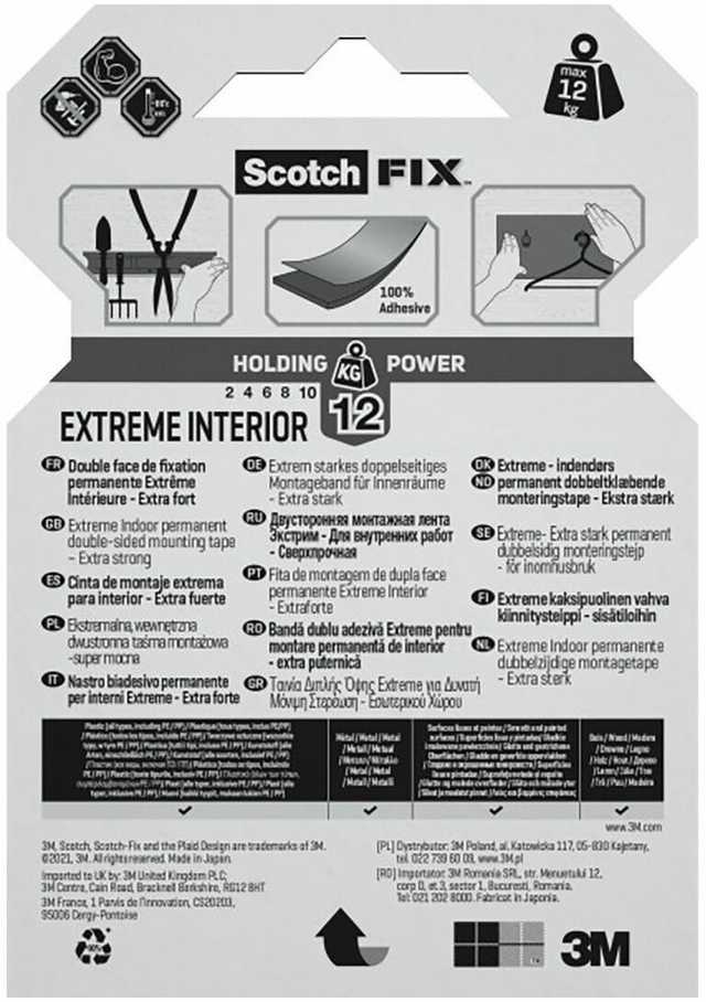 3M Scotch Fix Extr. Double-Sided Mounting Tape, Baltas 19mmx1.8m