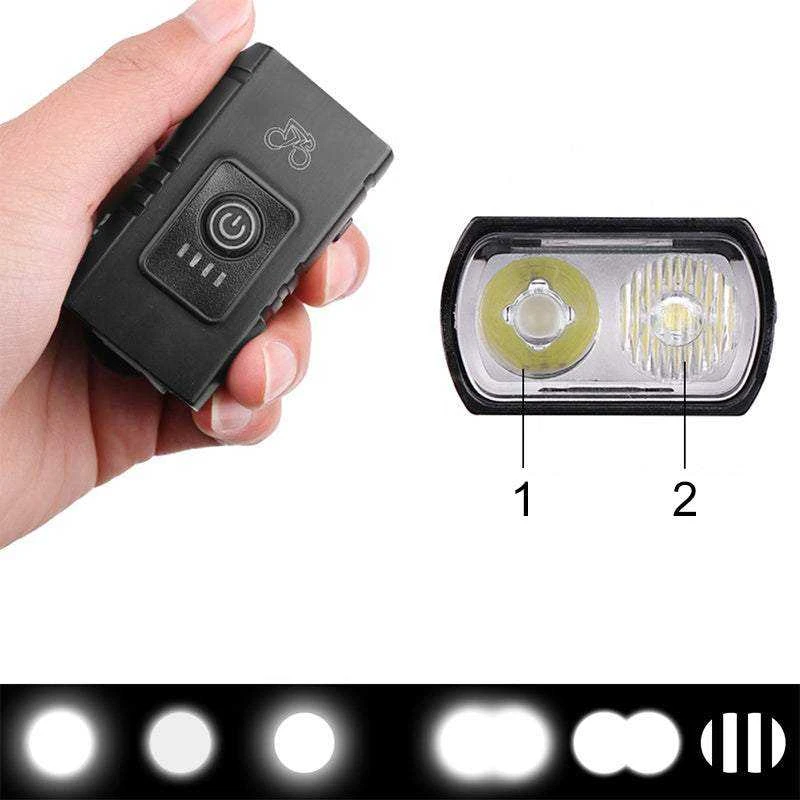 Dviračio žibintai su LED T6 priekiui ir galui, USB įkrovimas