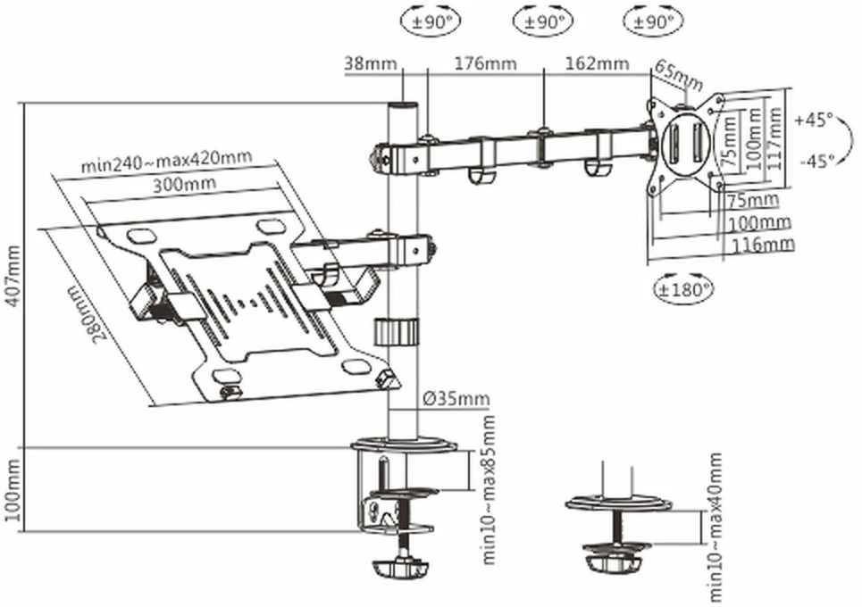 „Gembird MA-DA-03“ reguliuojamas stalo laikiklis su monitoriaus rankena ir nešiojamojo kompiuterio dėklu (pasukamas, pakreipiamas, pasukamas), 17–32 colių, svoris 9kg