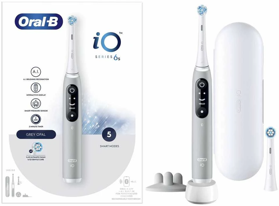 Oral-B Elektrinis dantų šepetėlis | iO6s | Įkraunamas | Suaugusiems | Šepetėlių skaičius galvutės įeina 1 | Number of teeth brushing modes 5 | Pilkas Opal