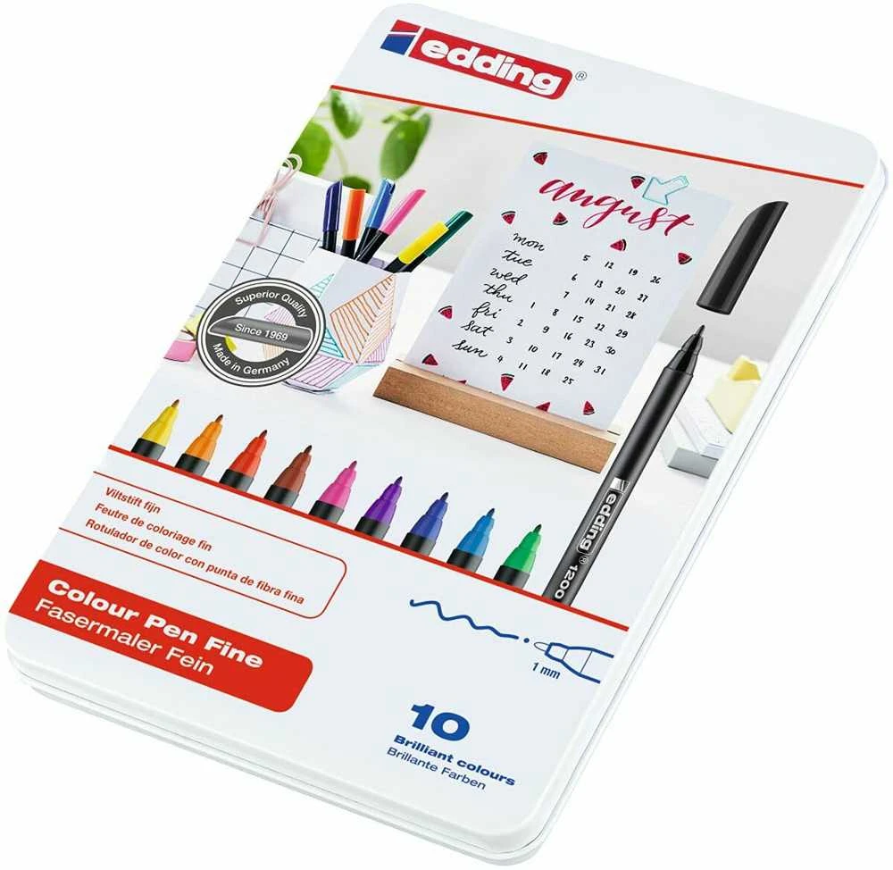 Flomasterių rinkinys Edding E-1200, 1mm, apvaliu galiuku, 10 spalvų, metalinėje dėžutėje