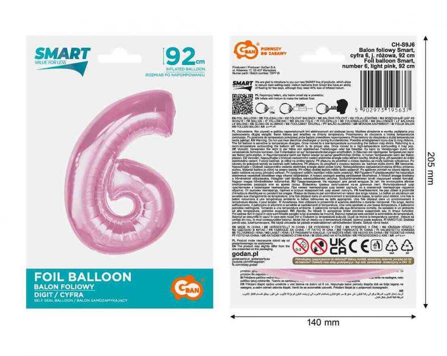 GoDan Foil balionas numeris 6 šviesiai rožinis Smart 92cm