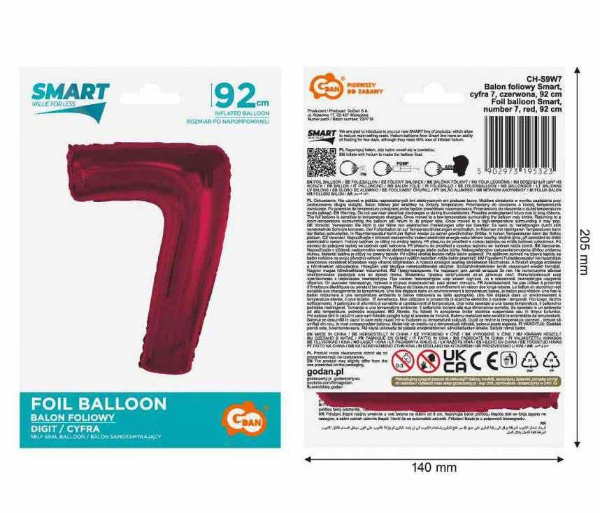 GoDan Foil balionas numeris 7 raudonas Smart 92cm