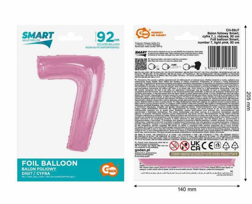 GoDan Foil balionas numeris 7 šviesiai rožinis Smart 92cm