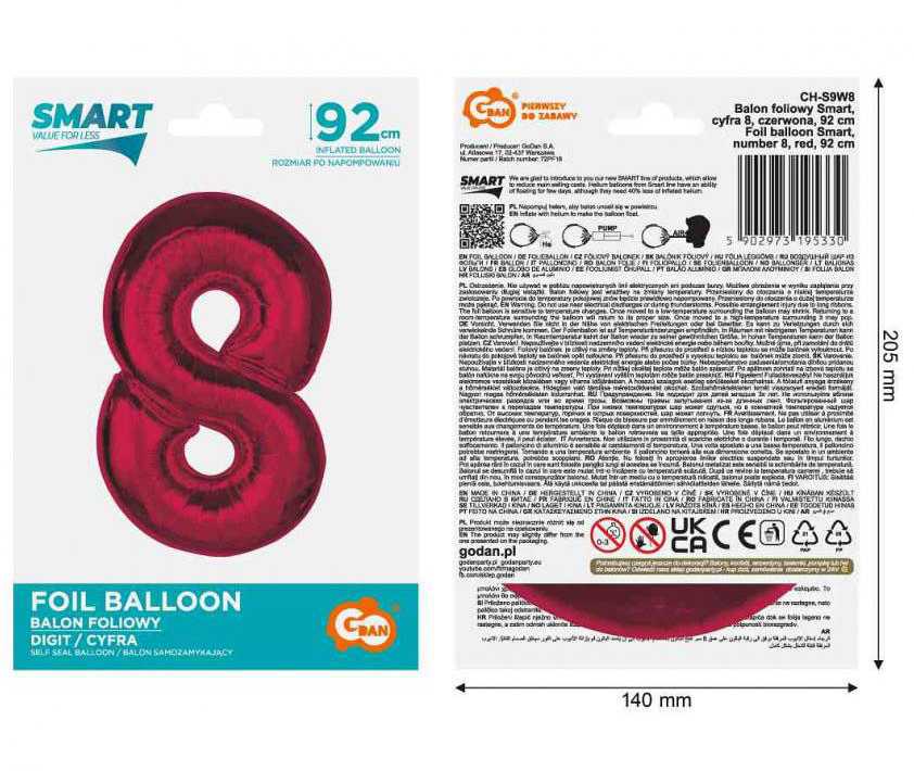 GoDan Foil balionas numeris 8 raudonas Smart 92cm