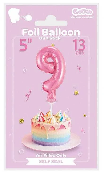 GoDan Balon 13cm foliowy na patyku "9" rožinė