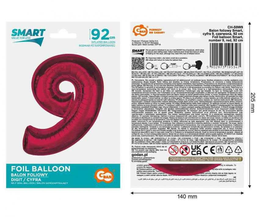 GoDan Foil balionas numeris 9 raudonas Smart 92cm