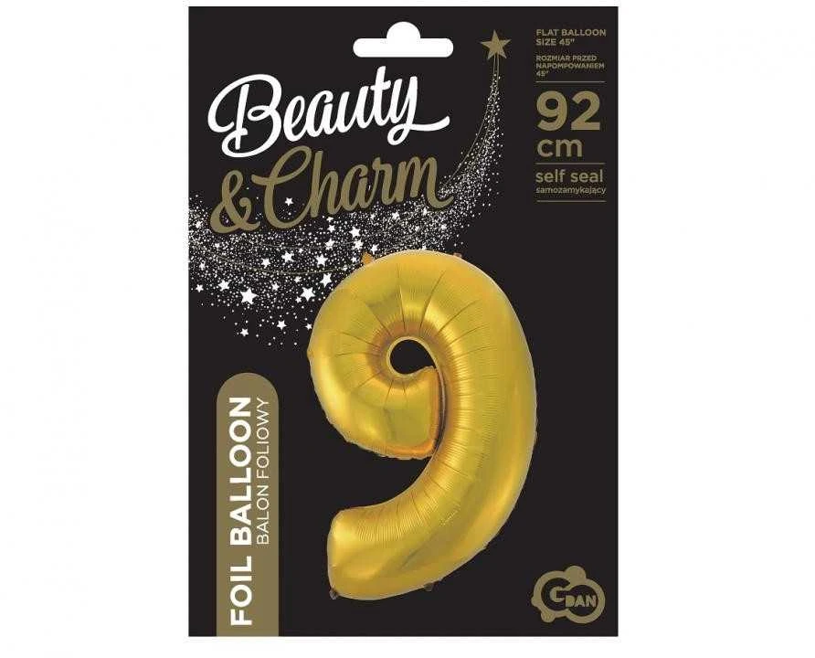 GoDan 9 numerio folijos balionas, auksinis, matinis, 92 cm