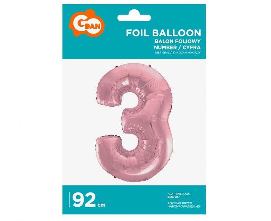 GoDan 3 numerio folijos balionas, šviesiai rožinis, 92 cm