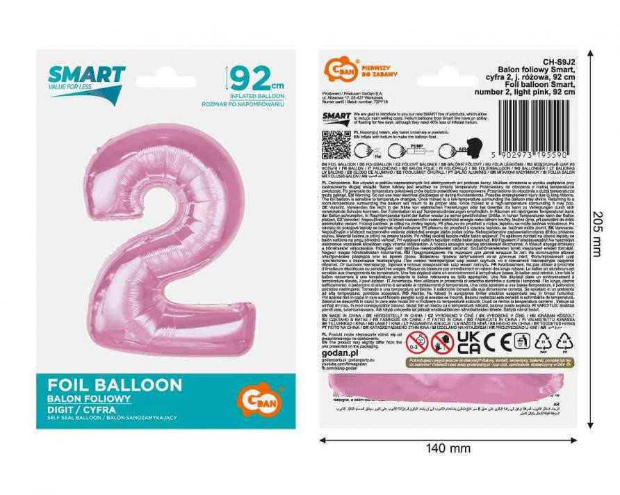 GoDan Foil balionas numeris 2 šviesiai rožinis Smart 92cm