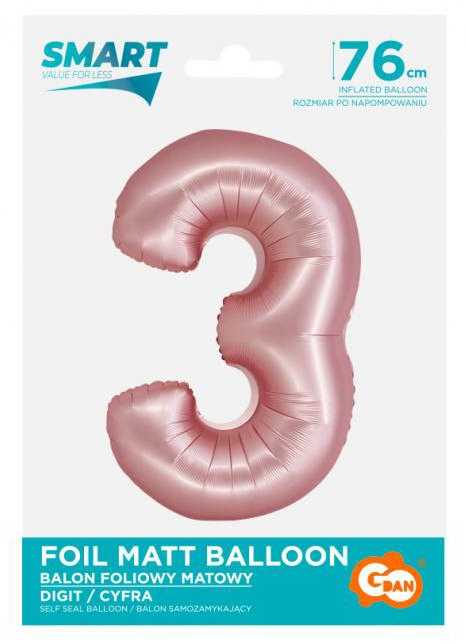 GoDan Smart folijos balionas, numeris 3, matinė rožinė, 76 cm GoDan