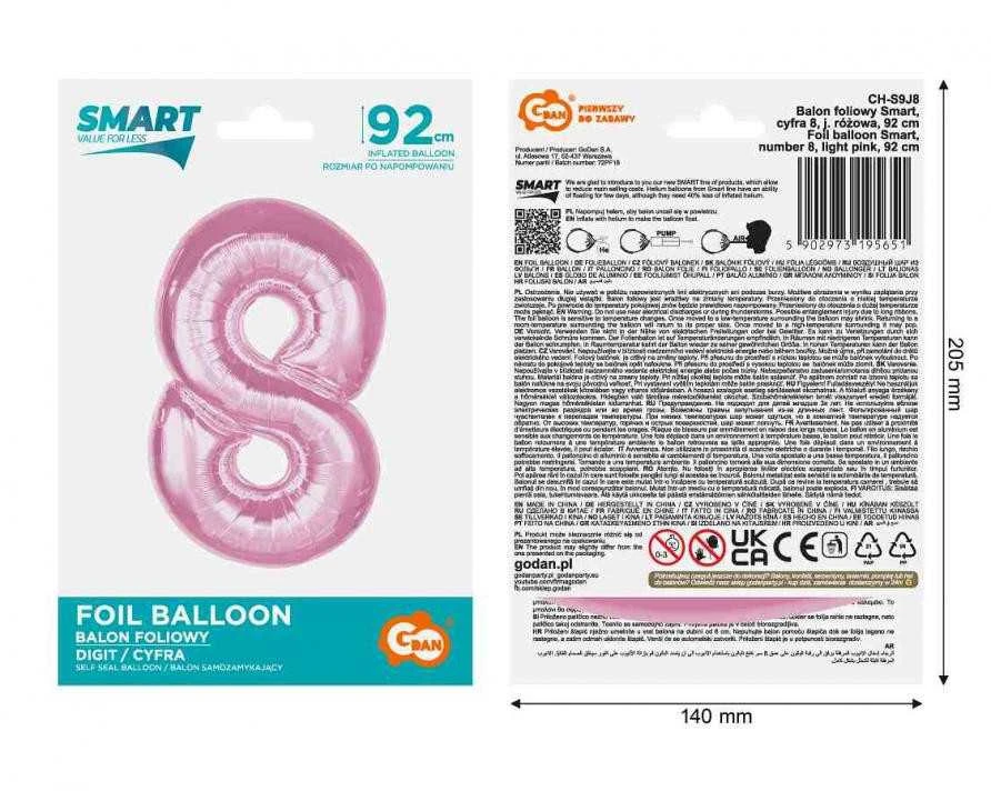 GoDan Foil balionas numeris 8 šviesiai rožinis Smart 92cm