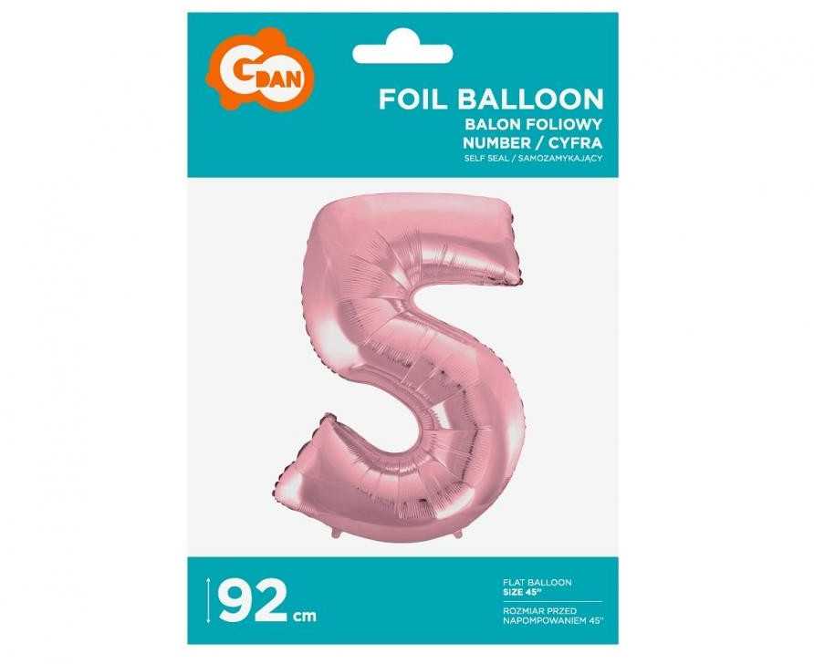 GoDan folijos balionas, skaičius „5“, šviesiai rožinis, 92 cm