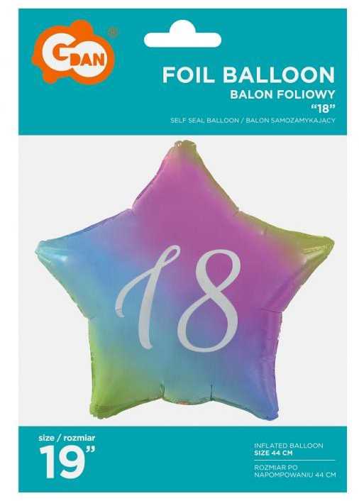 Folinis balionas „Su gimtadieniu“ su vaivorykštės simbolika, 18 žvaigždučių, 44 cm