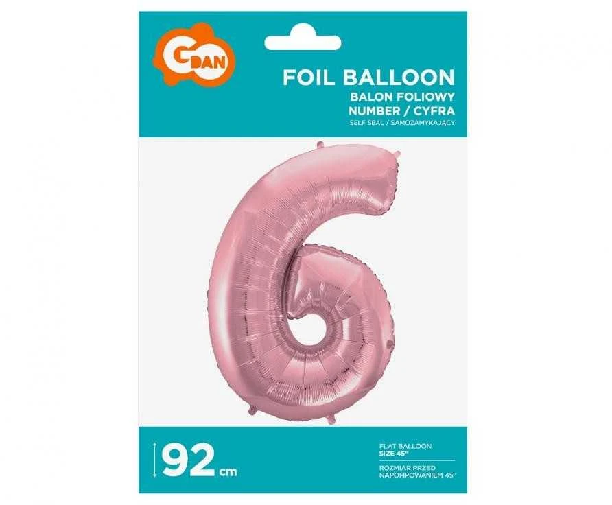 GoDan Folijos balionas numeris „6“, šviesiai rožinis, 92 cm