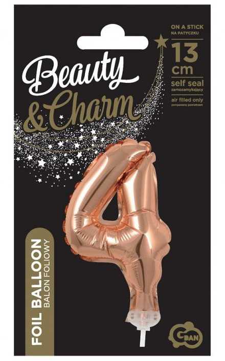 GoDan Balon 13cm foliowy na patyku "4" rožinė-auksinė