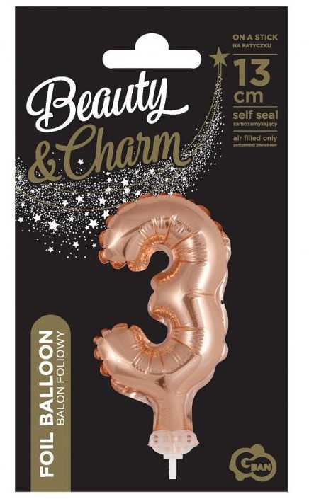Balon foliowy 13 cm na patyku cyfra 3 auksinė GODAN BC-5RZ3