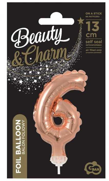 GoDan Balon 13cm foliowy na patyku "6" rožinė-auksinė