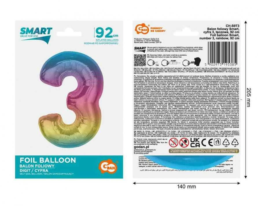 GoDan Number 3 folijos balionas, vaivorykštė Smart, 92 cm