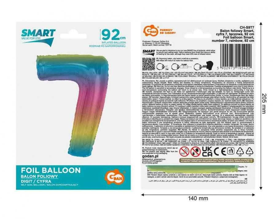GoDan Foil balionas numeris 7, vaivorykštė Smart, 92 cm