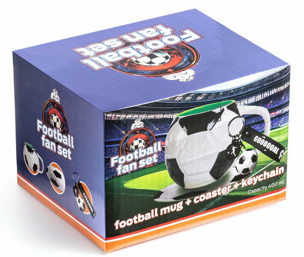 Futbolo rinkinys - puodelis, padėkliukas ir raktų pakabukas