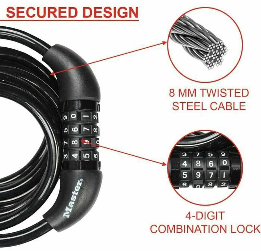 Masterlock MASTER LOCK Susisukanti trosinė dviračio spyna juodu vinylo apvalkalu su 4 skaitmenų užraktu