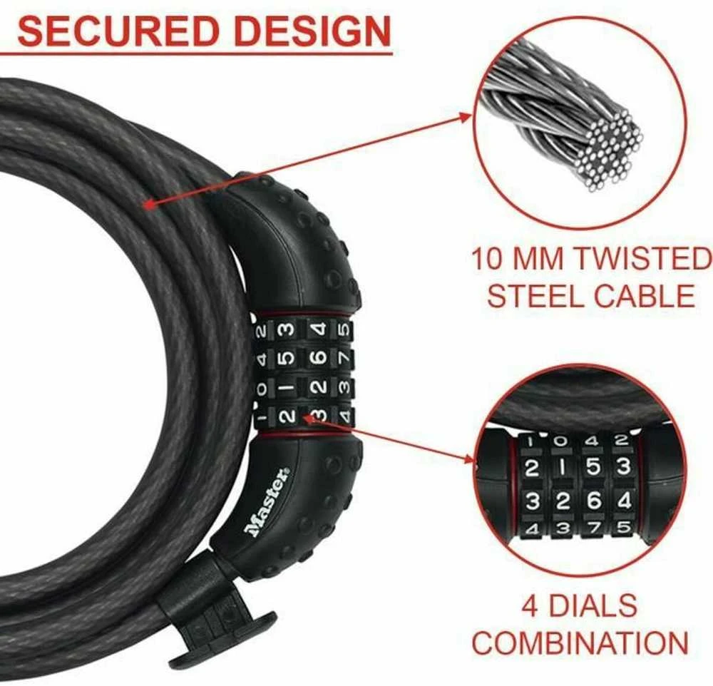 Master Lock Masterlock Pinta plieninė dviračio spyna juodu vinilo apvalkalu su 4 skaitmenų užraktu
