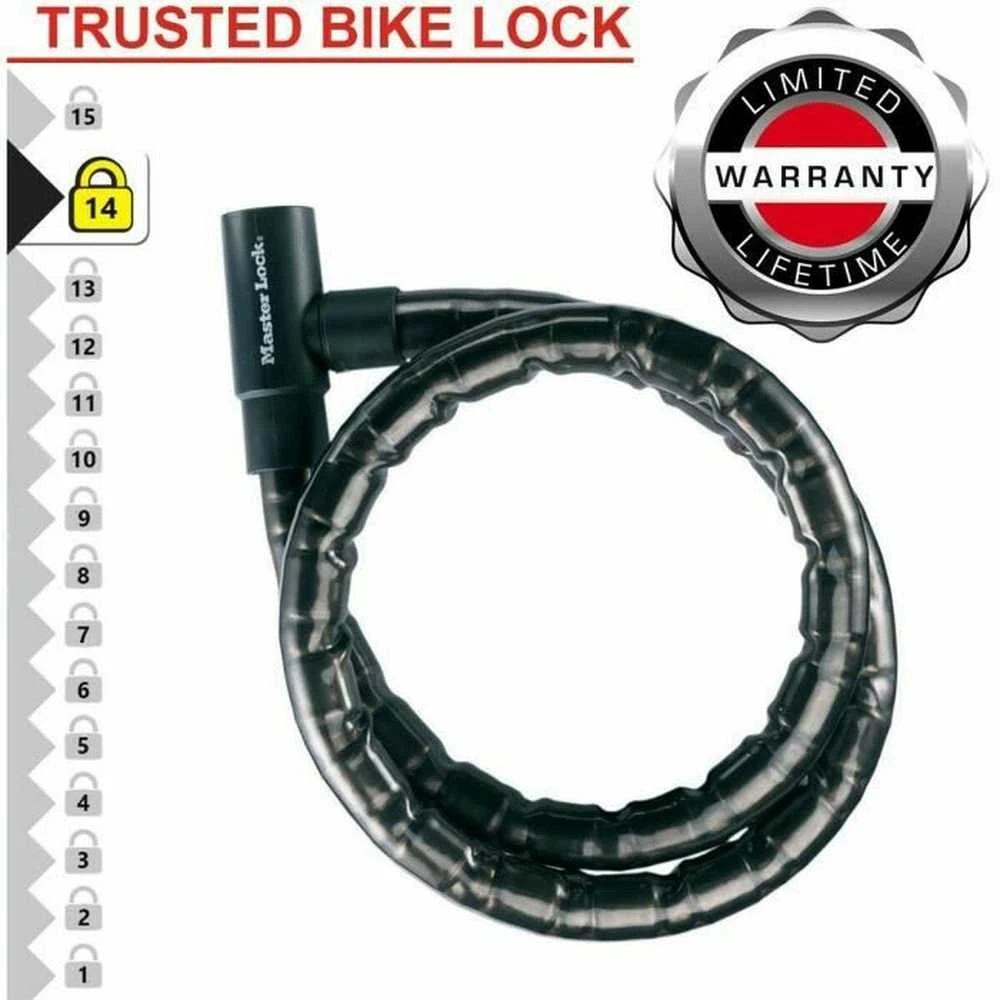 Masterlock MASTER LOCK Plieninė armuota dviračio spyna juodu vinilo apvalkalu su 4 raktais