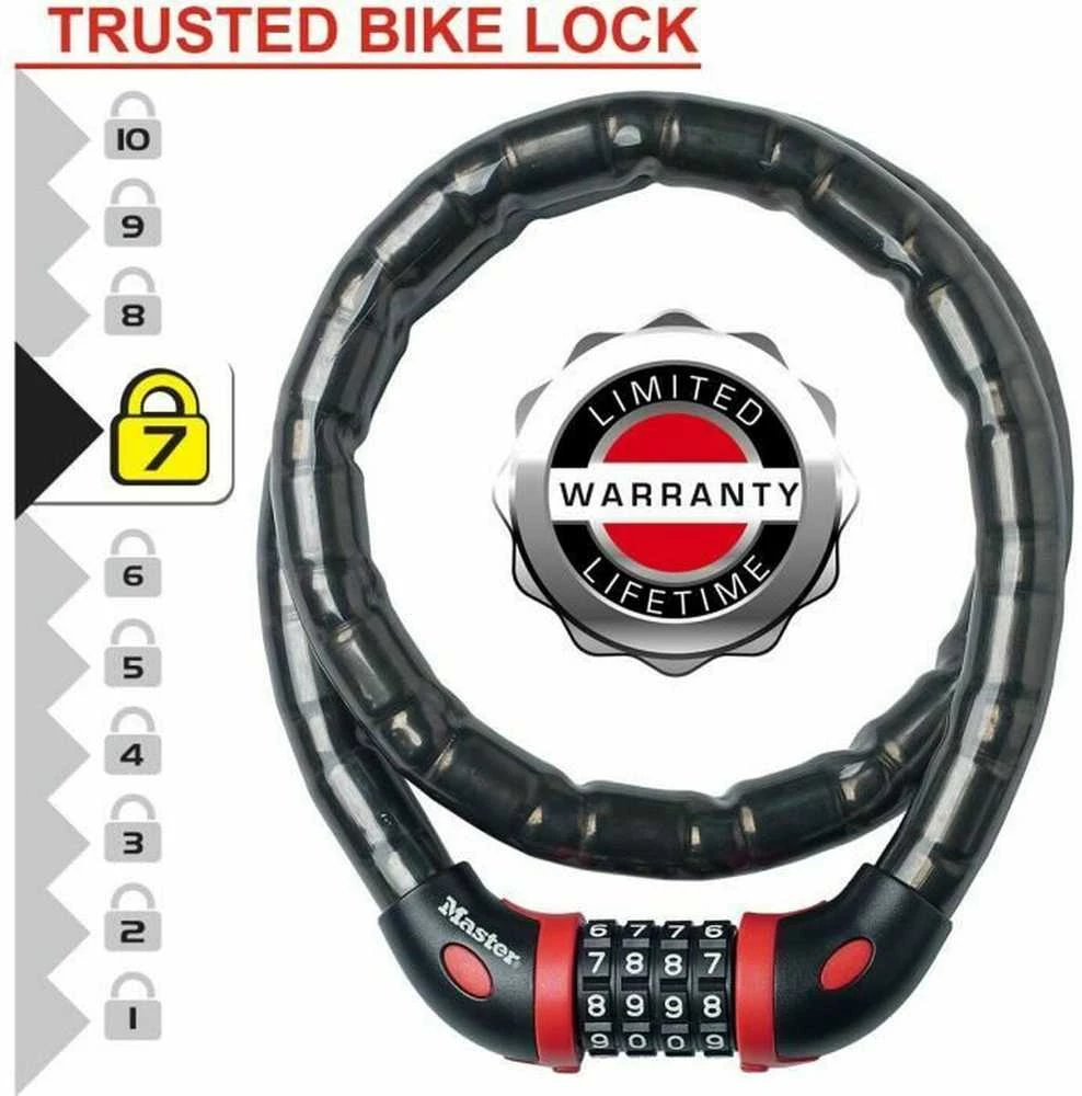 Masterlock MASTER LOCK armuota trosinė dviračio spyna dūmo spalvos vinilo apvalkalu su 4 skaitmenų užraktu