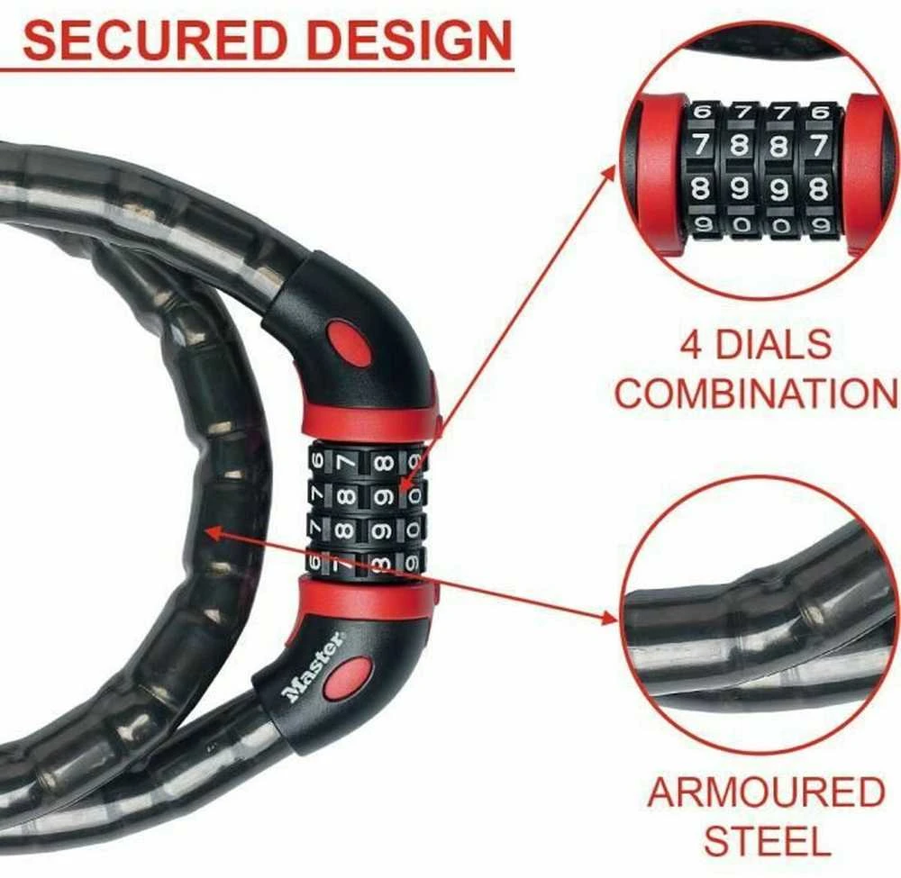 Masterlock MASTER LOCK armuota trosinė dviračio spyna dūmo spalvos vinilo apvalkalu su 4 skaitmenų užraktu