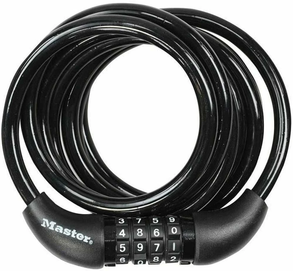 Masterlock MASTER LOCK Susisukanti trosinė dviračio spyna juodu vinylo apvalkalu su 4 skaitmenų užraktu