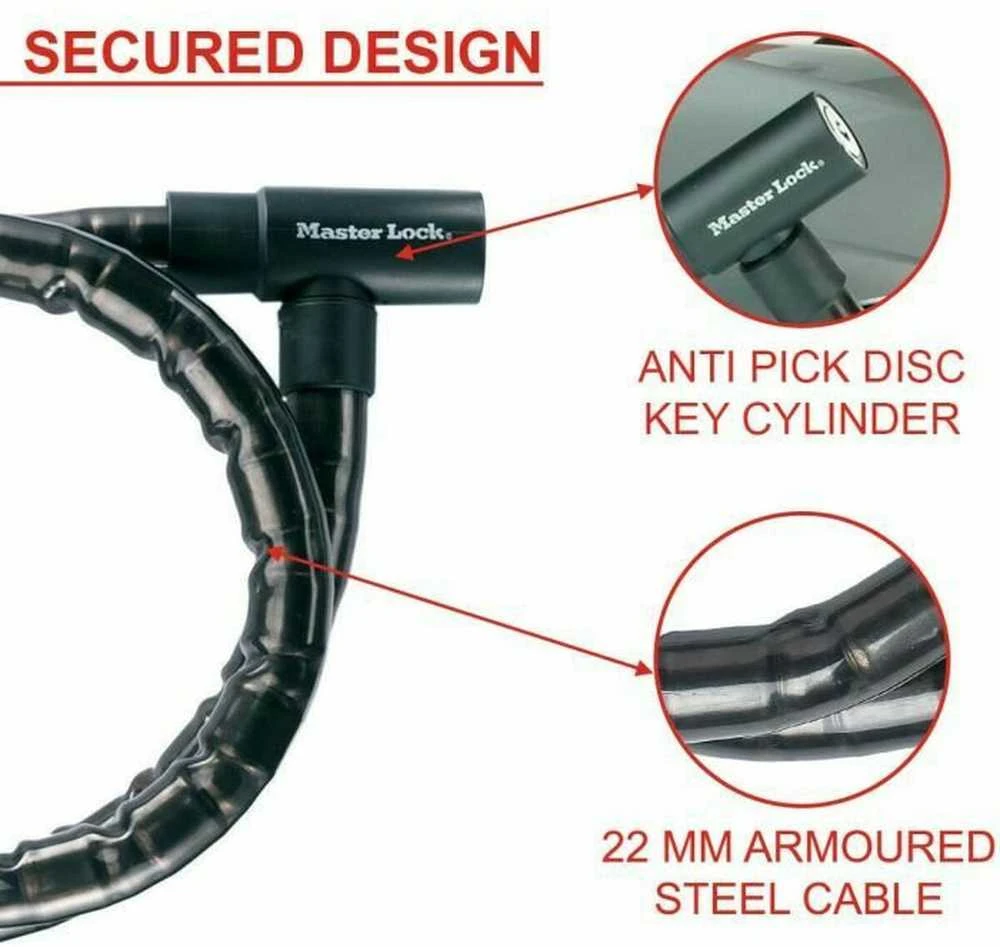 Masterlock MASTER LOCK Plieninė armuota dviračio spyna juodu vinilo apvalkalu su 4 raktais