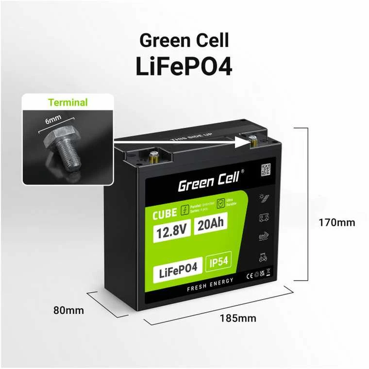 Green Cell Žalias Cell Žalias Cell CUBE LiFePO4 20Ah 12.8V 256Wh ličio geležies fosfato akumuliatorius skirtas traktoriui, vejapjovei, elektrinėms transporto priemonėms