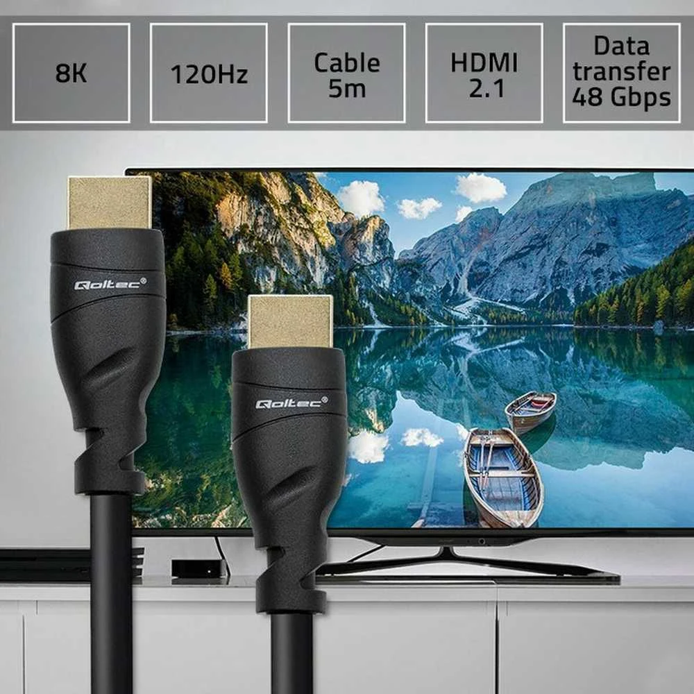 Qoltec 50353 HDMI v2.1 kabelis Itin didelės spartos 8K | 60Hz | 26AWG | AUKSAS | 5 m