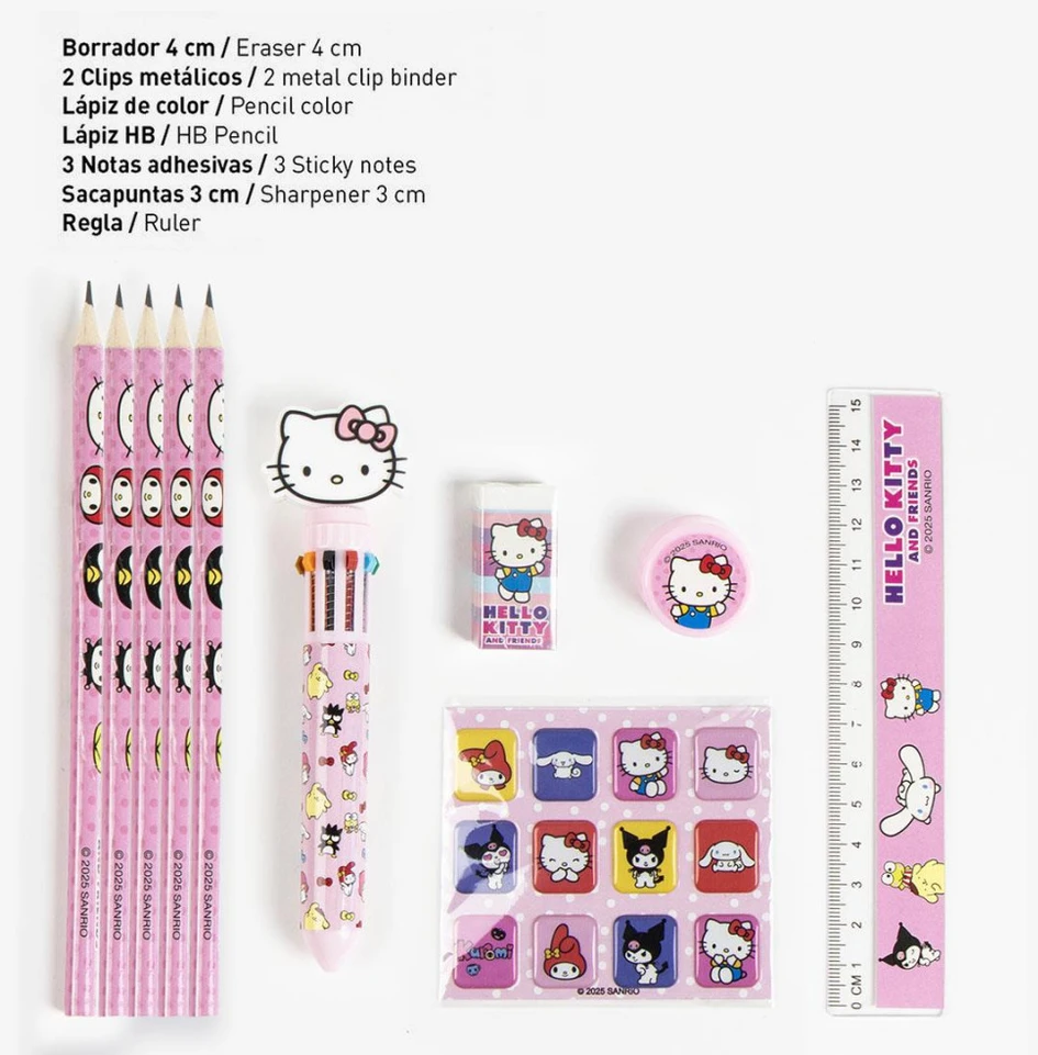Hello Kitty Friends rožinis kanceliarinių prekių rinkinys