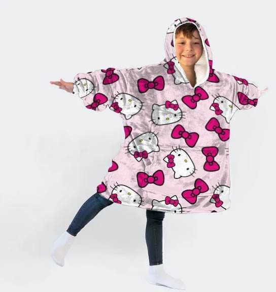 Hello Kitty kaspinėlio formos užsimaunama pliušinė poliarinė antklodė, pončas 7-14 metų