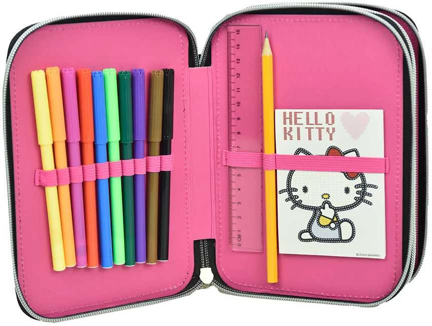 Hello Kitty širdelės formos pieštukų dėklas, užpildytas dviem sluoksniais