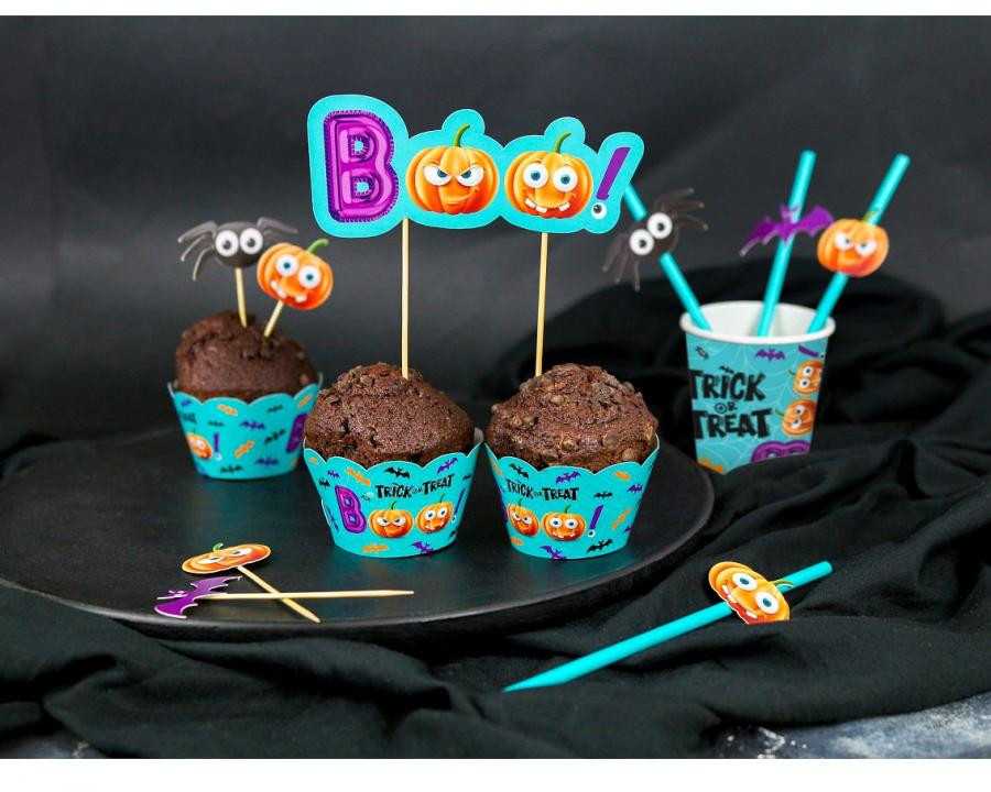 Helovino „Boo“ dekoratyvinės lazdelės ir keksiukų dekoracijos, 6 vnt.